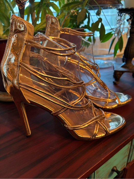 Shoes - Gold Strappy High Heel Sandals - Women's Elegant Evening Shoes